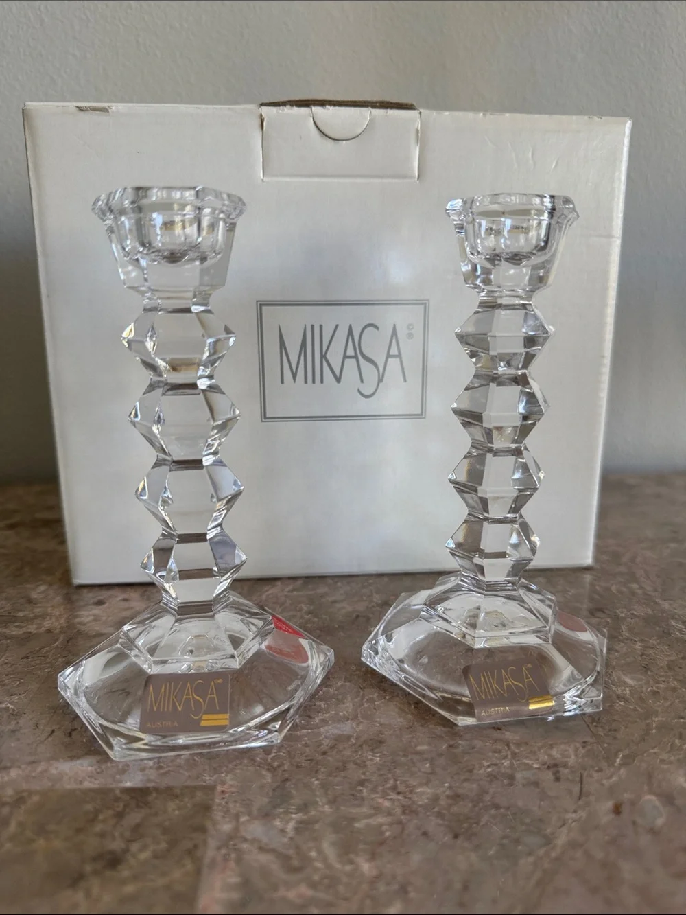 Mikasa Clear Crystal Faceted Candlestick Pair new in box